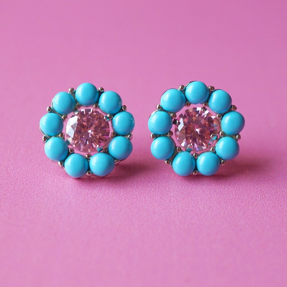Y2K Convertible Flower Stud Earrings with Turquoise & Pink Tourmaline